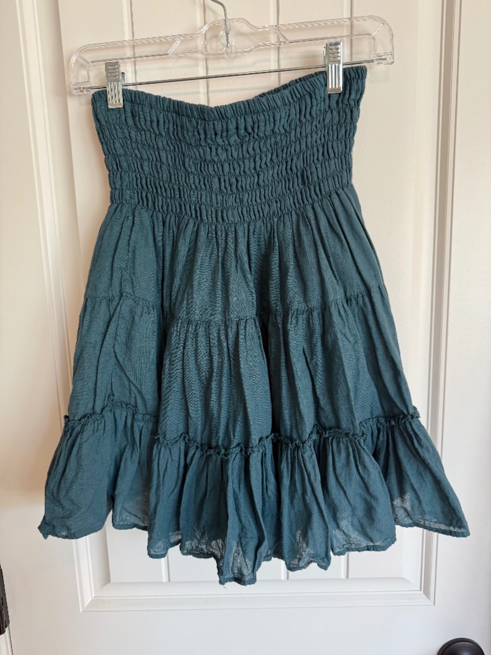 Teal Mini Skirt 100% Cotton Size Large Boho Festival Cottagecore Ruffle Smocked